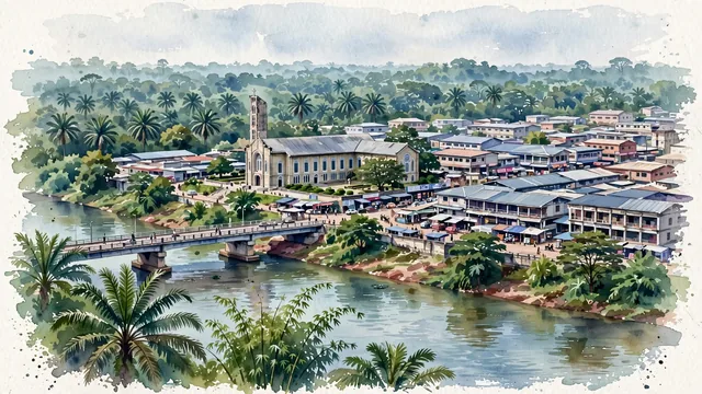 Watercolour of Aba, Nigeria. The historic commercial powerhouse ("the Japan of Africa") in the Niger Delta basin, with Christ the King Catholic Church and Aba River.