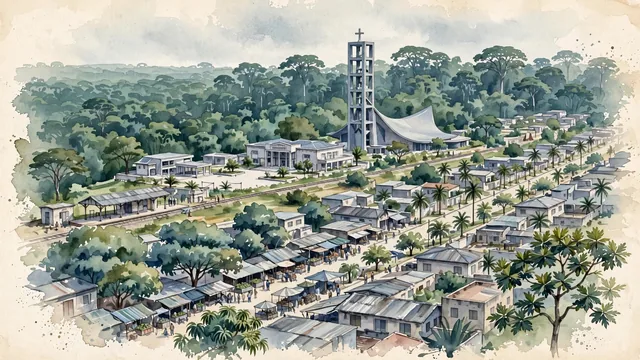 Watercolour of Abobo, Ivory Coast. The densely populated and lively northern commune bordering the ancient Banco rainforest, with Catholic Church of Saint Anne of Abobo and Abobo Town Hall.