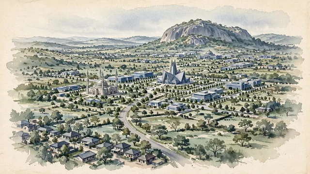 Watercolour of Abuja, Nigeria. Buja spread across gently undulating inland terrain, with the great granite mass of Aso Rock on the eastern side of the planned city. Featuring Aso Rock and Abuja National Mosque.