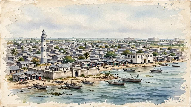 Watercolour of Accra, Ghana. Low, densely built coastal plain of Accra at Jamestown and Usshertown beside the Gulf of Guinea, with Jamestown Lighthouse and James Fort.