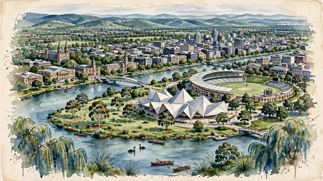 Watercolour of Adelaide, Australia. The planned "City in a Park", with River Torrens and St. Peter's Cathedral.