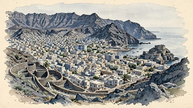Watercolour of Aden, Yemen. Den’s Crater district occupying a stark volcanic basin within the Jabal Shamsan peninsula, with dense buildings enclosed by dark. Featuring Jabal Shamsan and The Cisterns of Tawila.