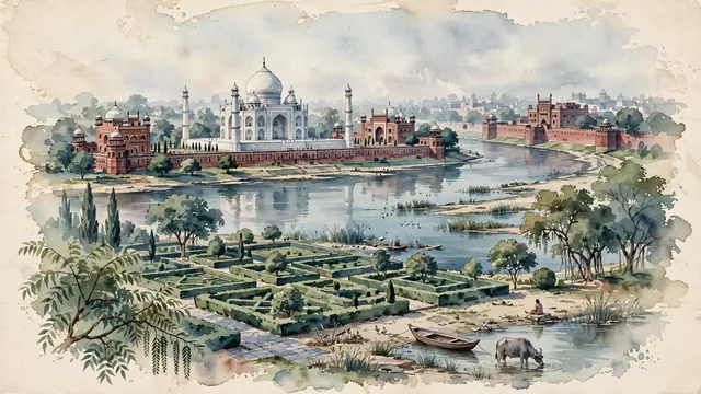 Watercolour of Agra, India. On the Yamuna River, the majestic capital of the Mughal Empire, with Taj Mahal and Yamuna River.