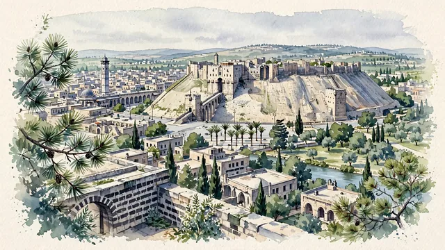 Watercolour of Aleppo, Syria. One of the oldest continuously inhabited cities in the world, dominated by its ancient Citadel, with Citadel of Aleppo and Great Mosque of Aleppo.