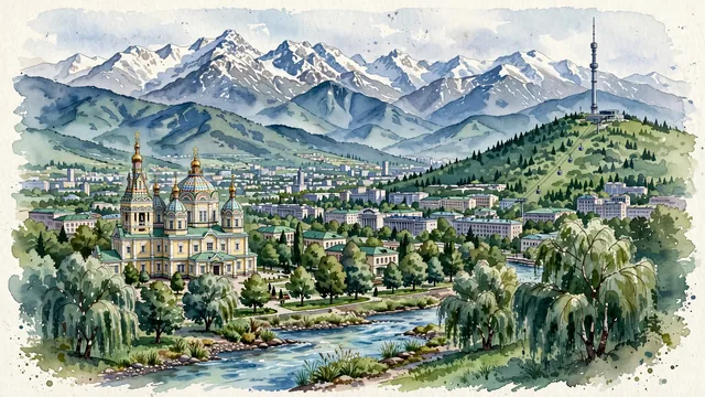 Watercolour of Almaty, Kazakhstan. The "City of Apples" nestled directly at the foot of the snow-capped Tian Shan mountains, with Ascension Cathedral and Trans-Ili Alatau.