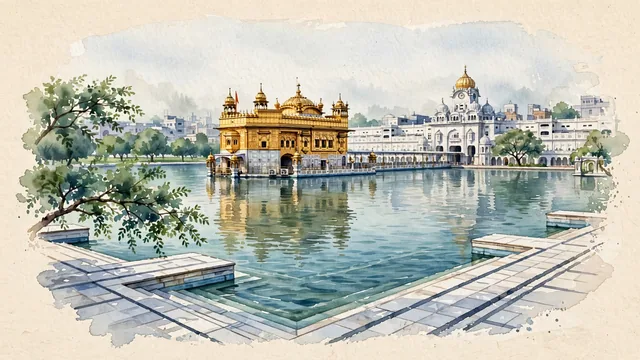Watercolour of Amritsar, India. The spiritual and cultural heart of Sikhism, with Golden Temple and Amrit Sarovar.