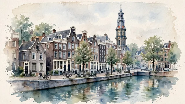 Watercolour of Amsterdam, Netherlands. Msterdam’s historic canal ring as a low, exceptionally flat city organized around engineered waterways and narrow quays, with Prinsengracht near Westermarkt and Westerkerk.