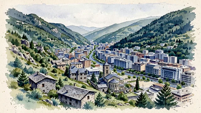 Watercolour of Andorra la Vella, Andorra. Ndorra la Vella packed into the narrow Gran Valira valley, with modern urban blocks on the valley floor and steep wooded mountain slopes rising close behind. Featuring Casa de la Vall and Sant Esteve Church.