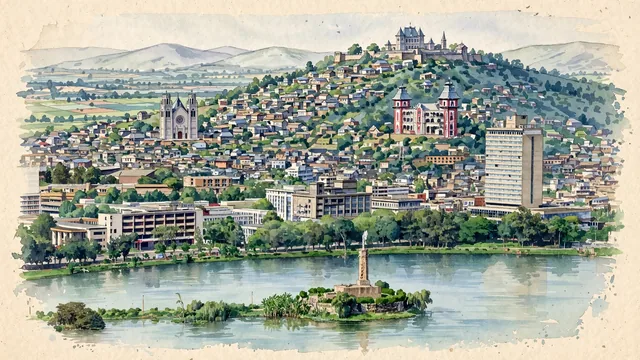 Watercolour of Antananarivo, Madagascar. Ntananarivo rising in densely built tiers across the ridges of Madagascar’s central highlands, with The Rova of Antananarivo and Andafiavaratra Palace.