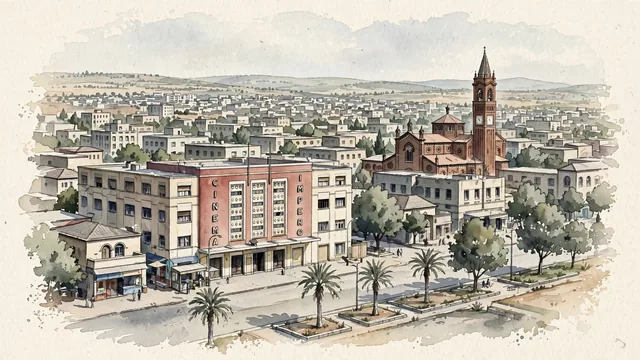 Watercolour of Asmara, Eritrea. Smara as a relatively low-rise city on a dry Eritrean highland plateau, with broad planned streets rather than a steep coastal harbor. Featuring Harnet Avenue and The Church of Our Lady of the Rosary.