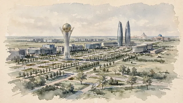 Watercolour of Astana, Kazakhstan. Stana’s newer administrative center on the very flat steppe beside the Ishim, also called the Yesil, with an exceptionally open horizon. Featuring Bayterek and Nurzhol Boulevard.