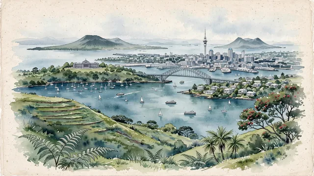 Watercolour of Auckland, New Zealand. The "City of Sails" set across a volcanic isthmus between two harbors, with Sky Tower and Waitematā Harbour.