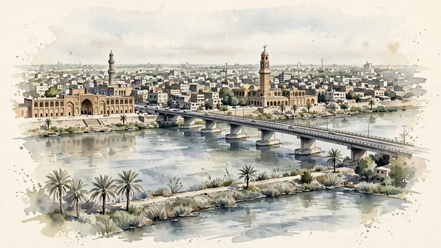 Watercolour of Baghdad, Iraq. Baghdad on the flat alluvial plain of the Tigris, with the old Rusafa riverfront and dense low-rise neighborhoods spreading away from the water. Featuring The Qushla and The Mustansiriyya Madrasa.
