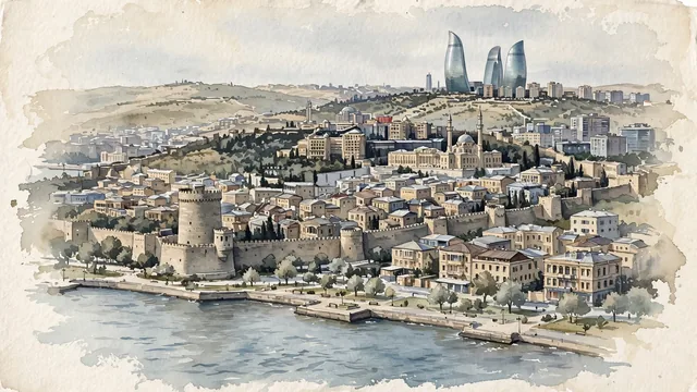 Watercolour of Baku, Azerbaijan. Baku rising from the Caspian waterfront into the sloping walled old city, with the dry Absheron landscape implied beyond the urban area. Featuring The Maiden Tower and The Palace of the Shirvanshahs.