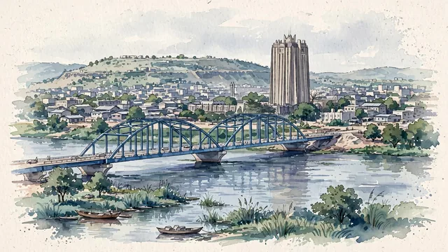 Watercolour of Bamako, Mali. Bamako spreading across the Niger River floodplain, with the low Koulouba escarpment beyond the northern city. Featuring The BCEAO Tower and The Martyrs Bridge.