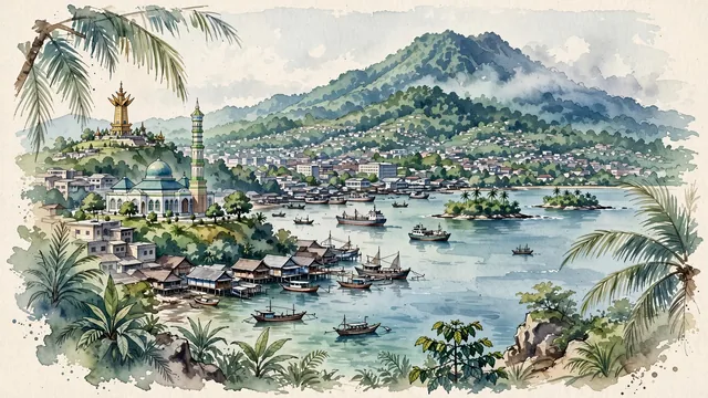 Watercolour of Bandar Lampung, Indonesia. On Lampung Bay, the gateway to Sumatra across the Sunda Strait, with Menara Siger and Al-Furqan Mosque.