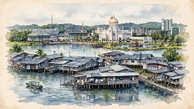 Watercolour of Bandar Seri Begawan, Brunei. Bandar Seri Begawan along the low banks of the Brunei River, where a modern mainland center faces the inhabited stilt settlements of Kampong Ayer, with Omar Ali Saifuddien Mosque and Kampong Ayer.