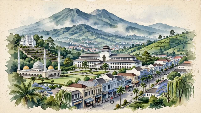 Watercolour of Bandung, Indonesia. The "Paris of Java" nestled in a cool mountain basin, with Gedung Sate and Tangkuban Perahu.