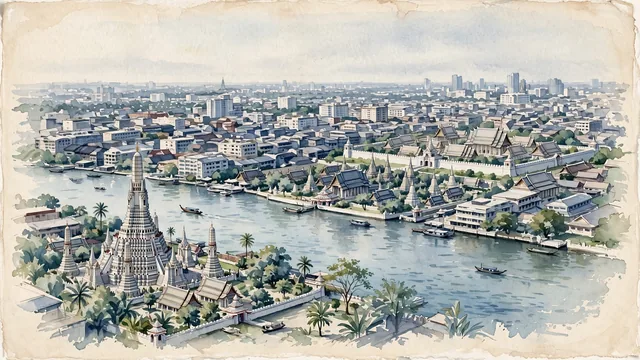 Watercolour of Bangkok, Thailand. Bangkok on the very flat Chao Phraya delta, using the river and the historic Rattanakosin–Thonburi frontage to organize the view, with Wat Arun and Wat Pho.