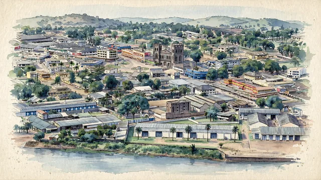 Watercolour of Bangui, Central African Republic. Bangui as a predominantly low-rise inland city on the northern bank of the Ubangi River, below the river’s rapids and near modest wooded hills, with Cathédrale Notre-Dame-de-l’Immaculée-Conception and Use.