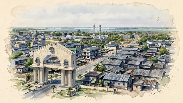 Watercolour of Banjul, The Gambia. Banjul as a low, compact city on St Mary’s Island at the mouth of the Gambia River, with a flat estuarine horizon. Featuring Arch 22 and Albert Market.