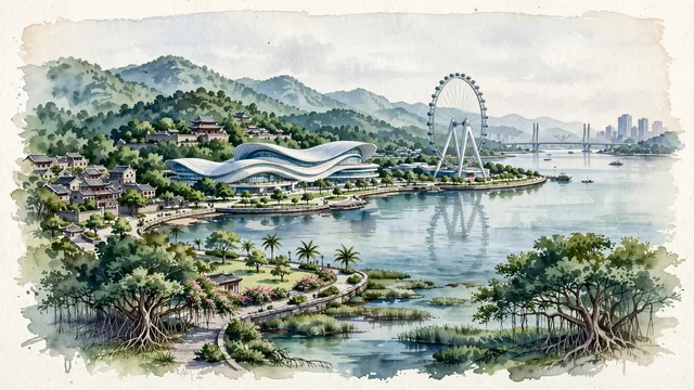 Watercolour of Bao'an, China. Along Qianhai Bay and the Pearl River Estuary, with Bay Glory Ferris and Bao'an Performing Arts Centre and the Coastal Art Centre.