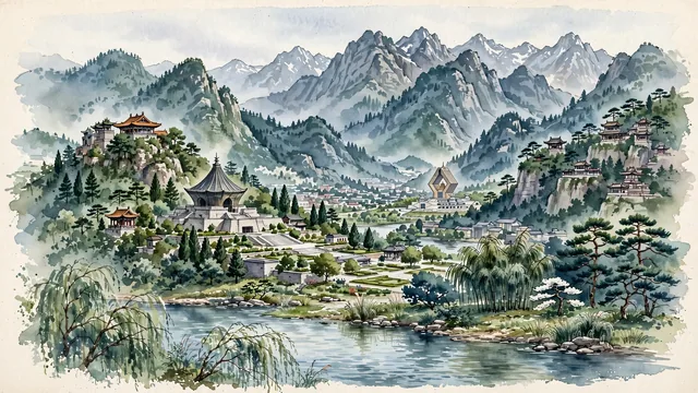 Watercolour of Baoji, China. The ancient "Cradle of Zhou and Qin" and "Hometown of Bronzeware" nestled in the Wei River valley beneath the Qinling Mountains, with Baoji Bronze Ware Museum and Shigu Pavilion.