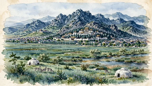 Watercolour of Baotou, China. The "Deer City" set on the great northern loop of the Yellow River beneath the Yin Mountains, with Wudangzhao Monastery and Saihan Tala.