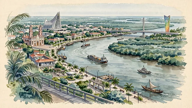 Watercolour of Barranquilla, Colombia. The "Golden Gate of Colombia" (La Puerta de Oro de Colombia) where the Magdalena River meets the Caribbean Sea, with Gran Malecón del Río and Ventana al Mundo.