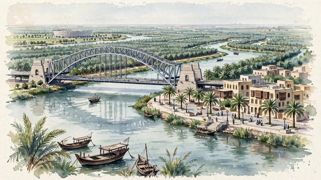 Watercolour of Basrah, Iraq. Basra along the mighty Shatt al-Arab waterway, the historic southern maritime port of Iraq, with Basra Corniche and Shatt.