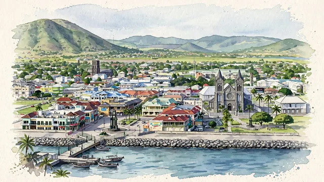 Watercolour of Basseterre, Saint Kitts and Nevis. Basseterre on the sheltered southwest coast of Saint Kitts, with a compact town on the coastal valley floor and green but seasonally dry hills inland. Featuring The Berkeley Memorial in the Circus and Independence Square.
