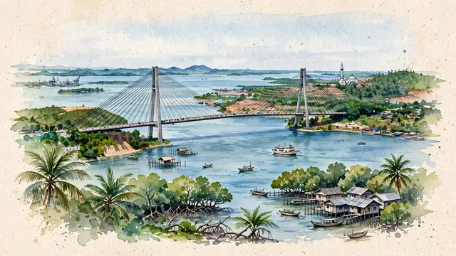 Watercolour of Batam, Indonesia. In the Riau Archipelago across the Singapore Strait, with Barelang Bridge and Sultan Mahmud Riayat Syah Mosque.