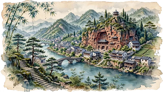 Watercolour of Bazhong, China. The "Red Army Capital" and city of rock grottoes in the Daba Mountains of northeastern Sichuan, with Nankan Grottoes and Nankan Mountain Forest Park.