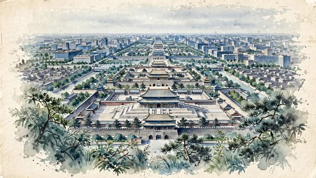 Watercolour of Beijing, China. Beijing’s historic center on the broad North China Plain, with the Forbidden City embedded in a much larger modern city. Featuring The Forbidden City and The Palace of Heavenly Purity.
