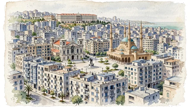 Watercolour of Beirut, Lebanon. Beirut as a densely built Mediterranean peninsula with low urban hills. Featuring Mohammad Al-Amin Mosque and Saint George Maronite Cathedral.