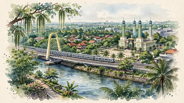 Watercolour of Bekasi, Indonesia. The "Patriot City" (Kota Patriot) situated on the eastern plains of the Greater Jakarta (Jabodetabek) metropolis along the Bekasi River, with Grand Mosque of Al-Barkah and Summarecon Bekasi Flyover.