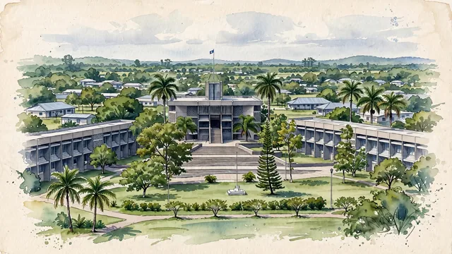 Watercolour of Belmopan, Belize. Belmopan as a small, spacious planned inland capital near the Belize River valley, with The National Assembly Building and The flanking government office blocks.
