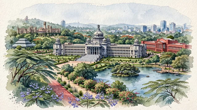 Watercolour of Bengaluru, India. The "Garden City of India" and tech capital set on the Mysore Plateau, with Vidhana Soudha and Bangalore Palace.