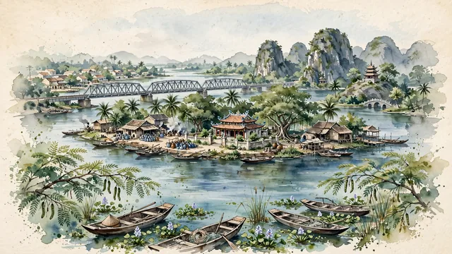 Watercolour of Biên Hòa, Vietnam. Along the majestic Đồng Nai River, the ancient ceramic and cultural gateway of southern Vietnam, with Bửu Long Park and Đồng Nai River.