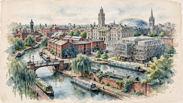Watercolour of Birmingham, United Kingdom. The historic industrial heartland and "Canal City" with more miles of canal than Venice. Featuring Gas Street Basin and Library of Birmingham.