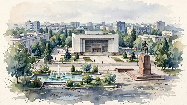 Watercolour of Bishkek, Kyrgyzstan. Bishkek as a broad, largely flat city on the Chuy Valley floor, with a Soviet-planned street grid and substantial cultivated tree cover. Featuring Ala-Too Square and The State History Museum.
