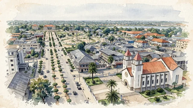 Watercolour of Bissau, Guinea-Bissau. Bissau as a low, largely flat city near the Geba estuary, with Bissau Cathedral, Nossa Senhora da Candelária and The Presidential Palace.