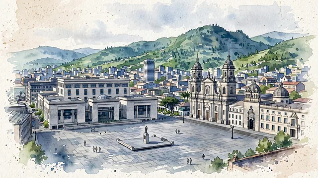Watercolour of Bogotá, Colombia. Bogotá as a high, cool Andean city on the broad Sabana plateau against the green Eastern Hills, with Plaza de Bolívar and The Primatial Cathedral of Bogotá.