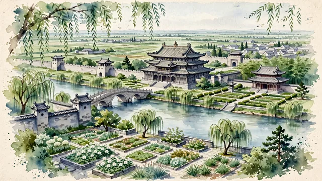 Watercolour of Bozhou, China. The ancient "Capital of Traditional Chinese Medicine" and the hometown of Cao Cao and Hua Tuo, with Huaxi Lou and Cao Cao Underground Pass.