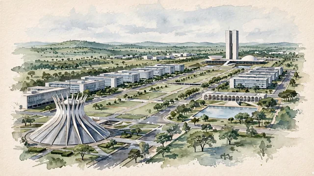 Watercolour of Brasília, Brazil. Brasília on the gently rolling central Brazilian plateau, organized around broad planned axes and open civic spaces rather than a dense colonial street grid, with The National Congress and The Cathedral of Brasília.