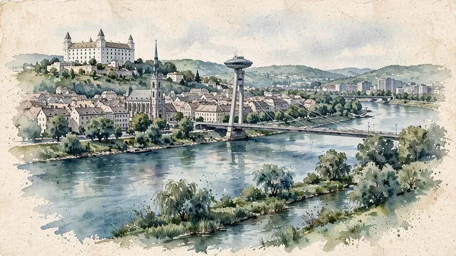 Watercolour of Bratislava, Slovakia. Bratislava where the Danube meets the edge of the Little Carpathian foothills, with Bratislava Castle and Saint Martin’s Cathedral.