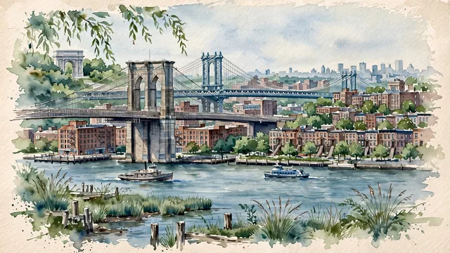 Watercolour of Brooklyn, United States. Along the East River and its brownstone neighborhoods, with Brooklyn Bridge and DUMBO.