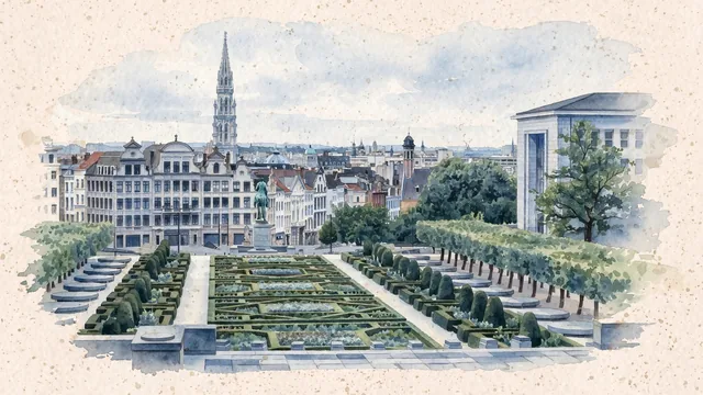 Watercolour of Brussels, Belgium. Brussels stepping down from the upper city toward the lower historic center in the Senne valley, rather than as a flat canal city, with Mont des Arts and Brussels Town Hall.