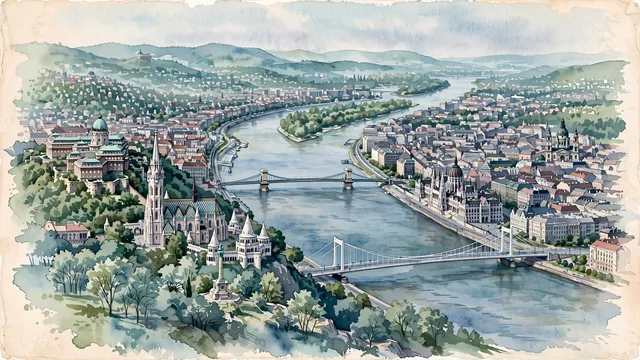 Watercolour of Budapest, Hungary. The wide Danube dividing hilly, green Buda on the west bank from flat, dense Pest on the east bank, the two joined by a series of bridges, with Buda Castle and Matthias Church.