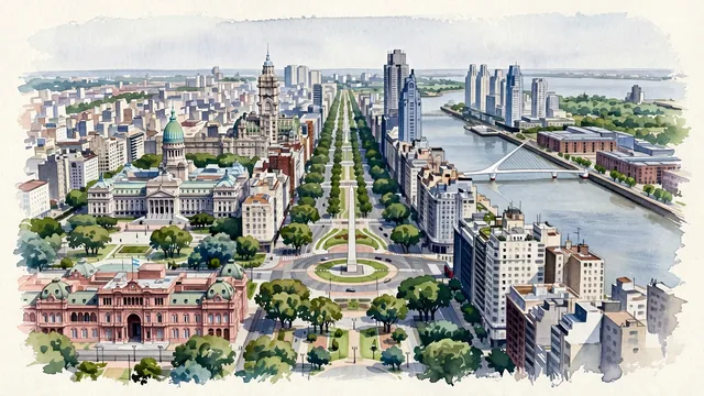 Watercolour of Buenos Aires, Argentina. A vast, completely flat city laid out in a dense grid on the shore of the Río de la Plata, cut by wide avenues, with Obelisco and Palace of the Argentine National Congress.